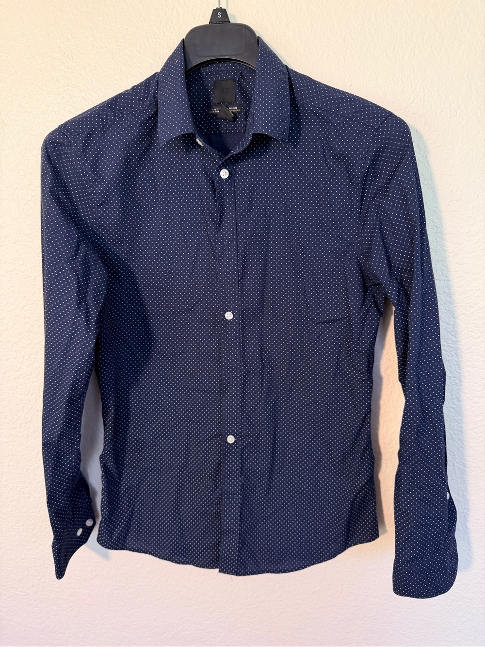 H&M Navy Blue Button-Down Shirt with White Microdots